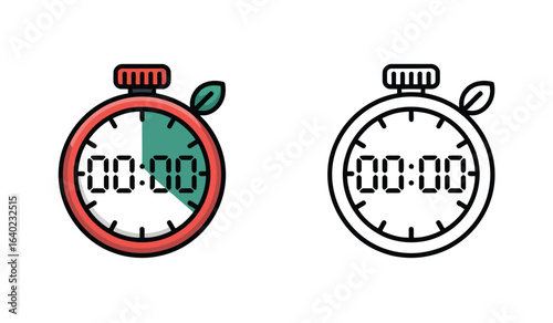 Stopwatch Vector Graphic with Digital Clock Face Showing Zero Time and Leaf