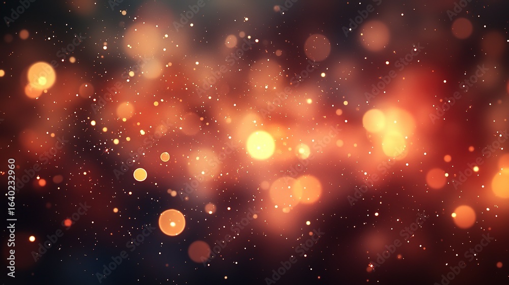 Fototapeta premium Abstract blurred background with orange and white bokeh lights on dark backdrop.