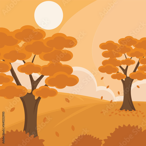 serene autumn landscaped vector illustration graphic design . Fall Season Orange Trees Falling Leaves Sunny Scenery for Season concept with cartoon style