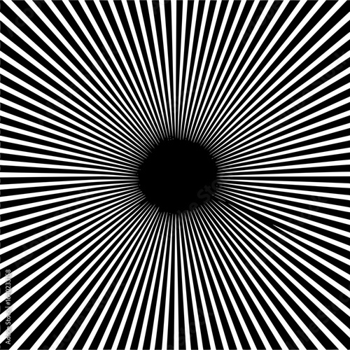 Abstract black and white radial lines emanating from a central dark circle design art image