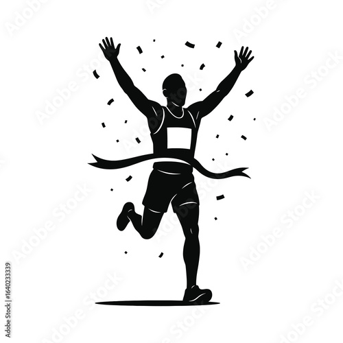 Runner Crossing Finish Line with Arms Raised in Victory