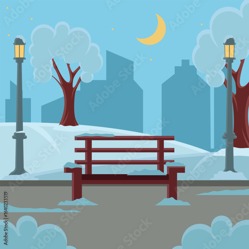 winter evening in a park landscaped vector illustration graphic design . Snowy Bench Street Lamps Moonlit Scene Urban Park for Season concept with cartoon style