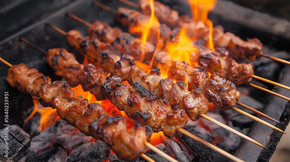 Sate or Chicken satay, rabbit meat, lamb satay grilled on burning charcoal and fire. Traditional satay is street food from Indonesia. Selective focus and close up technique Sate or Chicken satay, rabbit meat, lamb satay grilled on burning charcoal and fire. Traditional satay is street food from Indonesia. Selective focus and close up technique