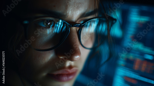 Focused woman in glasses studies data code reflected on the lenses, concept for software development, cybersecurity analysis, and fintech research