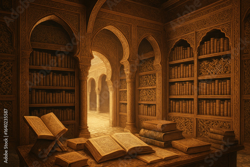 Ancient Arabic Library with Books Illustration