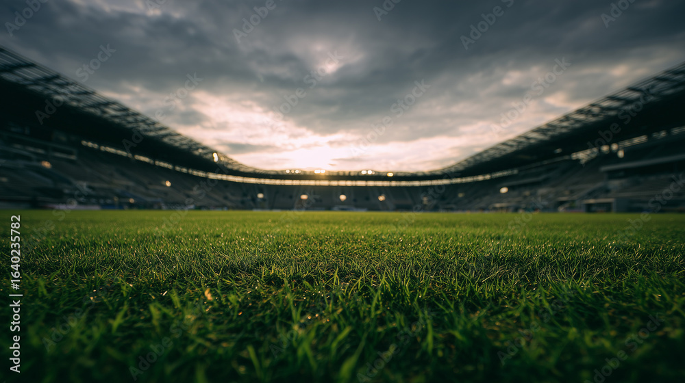 Fototapeta premium Green grass field close up with blurred stadium background under dramatic sky. Concept for sporting event, championship match and athletic competition