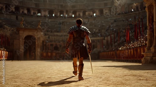 An Epic Gladiator is Heroically Entering the Arena with Bravery and Strength