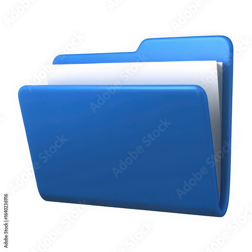 A 3d blue office folder with white documents inside presented as an isolated object on a transparent background.