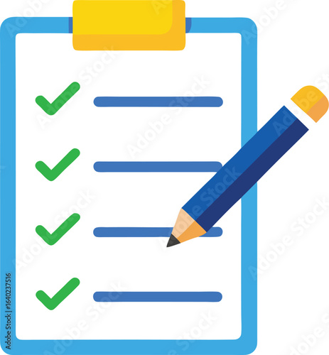 Checklist clipboard with pencil and green checkmarks