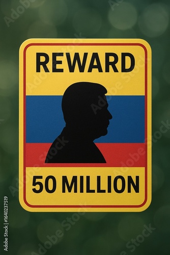 Reward card with a dollar bokeh background. The word REWARD at the top, a silhouette of a man in the center, and the text 50 MILLION in large letters at the bottom.