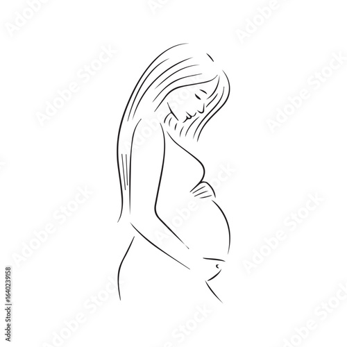 Pregnant woman holding her belly, minimalist line art vector illustration.
