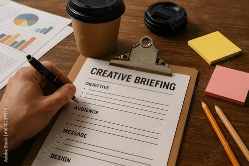 Creative briefing document on clipboard with pen, coffee cup and sticky notes