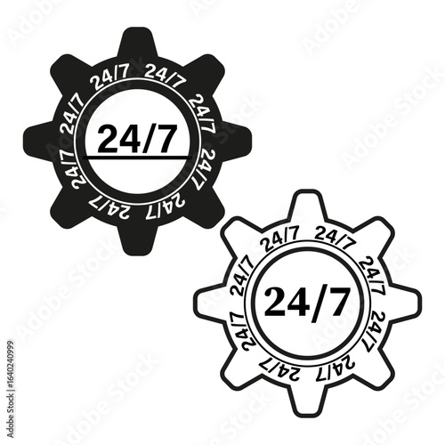 24 7 service icon. Vector gear symbol. Open twenty four seven. Customer support emblem.