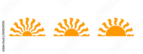 Cute silhouettes of half suns. Wavy orange sunny rays in semicircle shape. Sunburst, sunrise or sunset signs. Summer theme print. Happy positive vibes concept. Vector flat illustration.