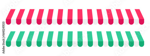 Shop awnings. Striped store canopies. Cafe tents with red, green and white stripes pattern isolated on white background. Food booth or street grocery market sunshades. Vector flat illustration.