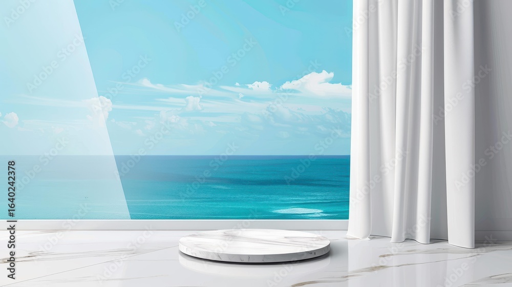 Fototapeta premium Showcase your products with a stunning white marble podium that perfectly frames a breathtaking sea view in the background.