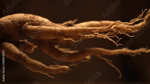Closeup of ginseng root with thin tendrils brown tones dark background