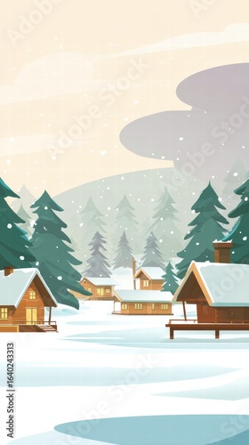 Cozy snowy village with cabins and pine trees, flat cartoon winter scene