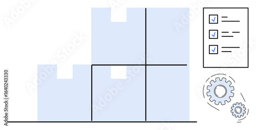 Stacked blocks aligned in steps, task checklist with ticks, two gears rotating. Ideal for workflow, planning, organization, productivity, process optimization task management collaboration. Simple