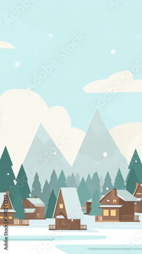 Cozy snowy village with cabins and pine trees, flat cartoon winter scene