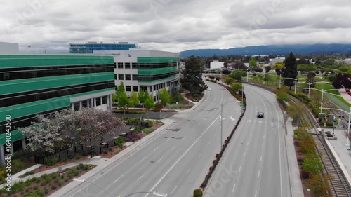 Aerial view of Google Campus. Shows the architecture and urban landscape. Sunnyvale, California, USA. 