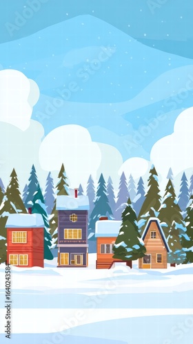 Cozy snowy village with cabins and pine trees, flat cartoon winter scene