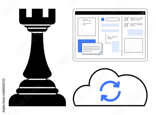 Chess rook symbolizing strategy, digital dashboard interface, and cloud sync icon for innovation, teamwork, and growth. Ideal for business, planning, technology, collaboration digital solutions