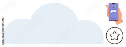 Cloud with phone unlocking via fingerprint sensor, hand holding device, star icon rating or selection concept. Ideal for cloud computing, data security, user feedback, app development