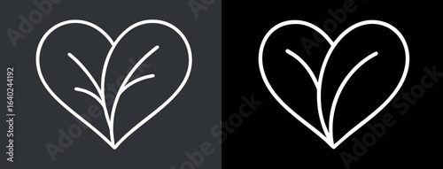 Minimalist heart icon made of two leaves – eco nature line art design, botanical outline symbol