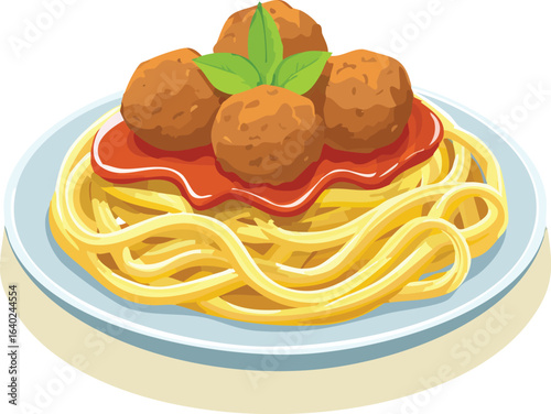 Plate of spaghetti with meatballs and tomato sauce in vector illustration. Generative AI