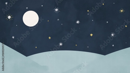 Dreamy winter night sky glowing with moon and falling snowflakes