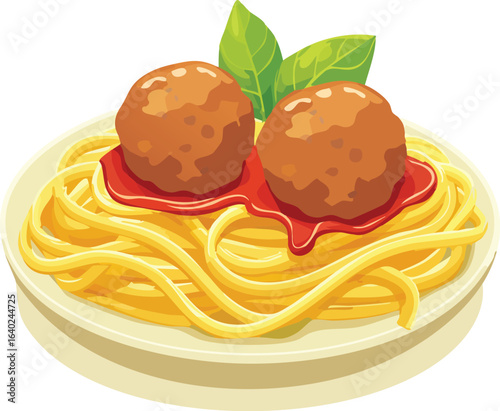 Plate of spaghetti with meatballs and tomato sauce in vector illustration. Generative AI