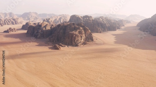 Spectacular aerial view over the sand and mountains of the desert of Wadi Rum, Jordan.