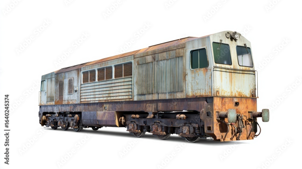 Fototapeta premium Rusty cargo train locomotive isolated on white, realistic industrial texture lighting.