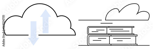 Cloud with bidirectional arrows and books stacked against a second cloud. Ideal for education, knowledge transfer, cloud storage, learning, technology, data exchange, and innovation. Simple flat