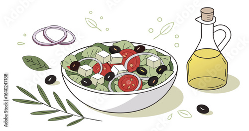 Fresh Greek Salad with Feta, Olives, and Herbs:  Vibrant Line Art Illustration, Healthy Food Concept.