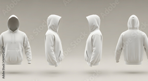 A blank white hoodie mockup shown from front, back, and side views for apparel design.