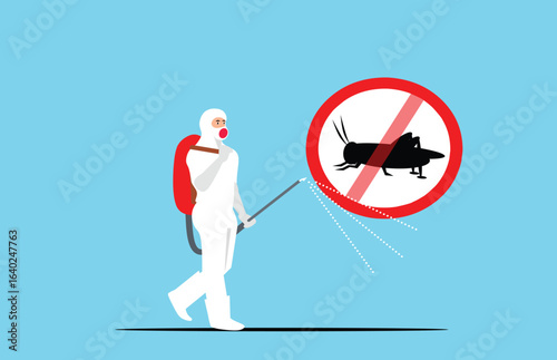 Pest Control Worker in Protective Suit Spraying Insecticide, Flat Vector Illustration, No Grasshoppers Allowed Sign