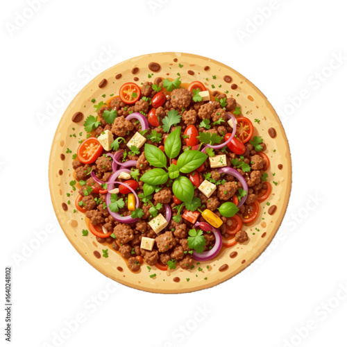 flat style illustration of Turkish lahmacun flatbread topped with minced meat