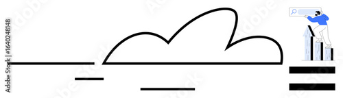 Character standing on bar chart, telescope in hand, viewing search bar curved cloud lines float near. Ideal for vision, innovation, growth, technology, search planning digital exploration. Bold
