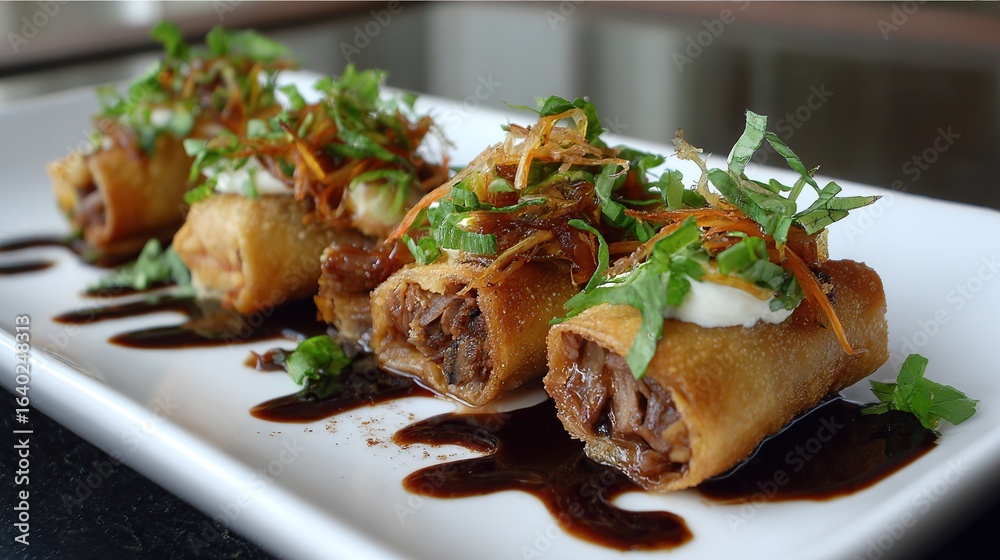 Four golden spring rolls, topped with fresh herbs, drizzled with dark sauce, on a white platter Four golden spring rolls, topped with fresh herbs, drizzled with dark sauce, on a white platter