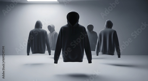 A group of anonymous, empty hoodies floating mysteriously in a stark, minimalist white room.