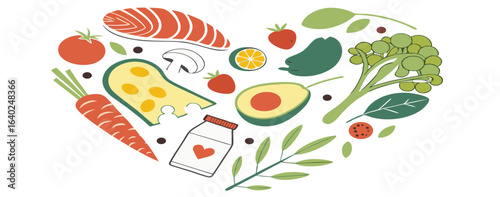 Heart-shaped arrangement of healthy food: salmon, vegetables, fruit, dairy;  flat lay, minimalist style, vibrant colors, wholesome mood.