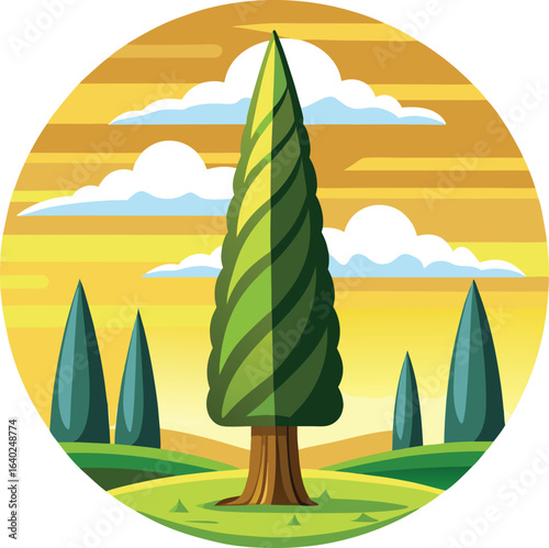 Circular Landscape with Tall Coniferous Trees Under a Golden Sunset Sky with Clouds Keywords: circular landscape, coniferous trees, cypress trees, pine