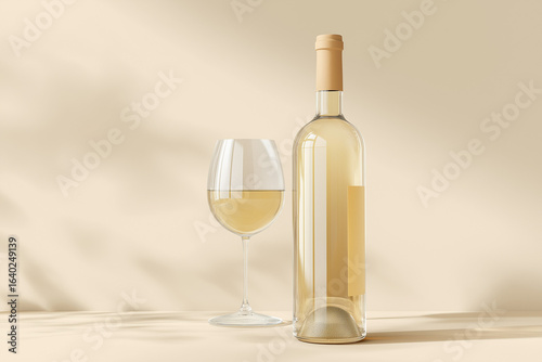 Clear white wine bottle mockup no label, with chilled wine glass, subtle reflections, soft cream or beige background