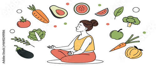 Mindful Wellness: Woman Meditating Amidst Vibrant Fruits and Vegetables, Line Art Illustration