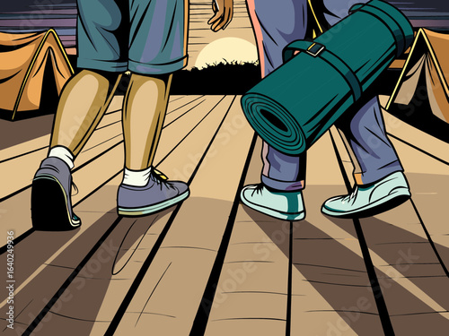Friends arriving at a glamping site, walking on wooden deck, carrying reusable gear, with canvas tents in the background, enjoying nature and eco-outdoor adventure
