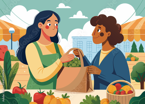 Woman purchasing seasonal vegetables at a vibrant farmers market, holding a reusable bag, surrounded by fresh produce under warm daylight, showcasing local food culture