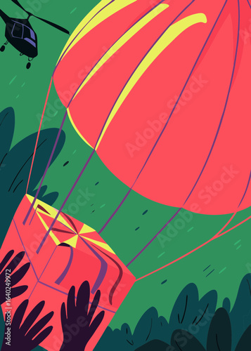 Relief package descending from parachute towards flood victims, helicopter hovering in background, vibrant colors and dynamic scene capturing urgency and hope in disaster response efforts