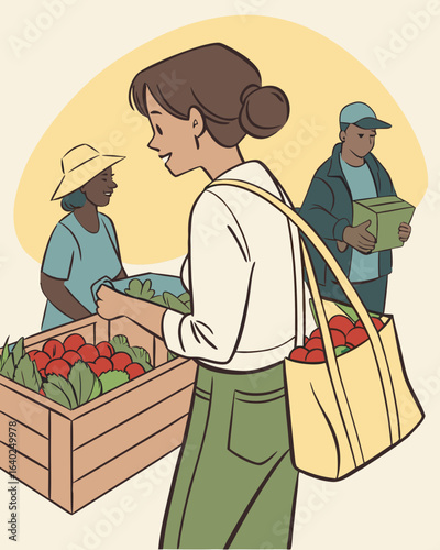Woman shopping for seasonal vegetables at a vibrant farmers market, carrying a reusable bag filled with fresh produce under warm daylight, enjoying the local community atmosphere